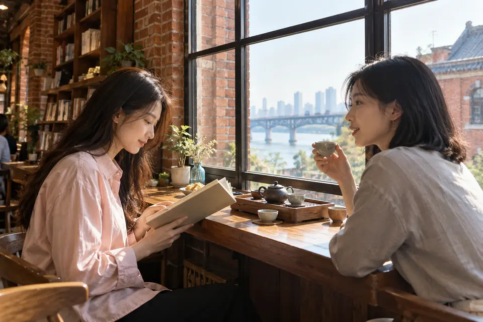 红砖书店内的茶友交流场景，桌上有书与茶具