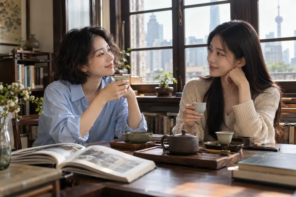 上海城市茶席场景，几位年轻女性围坐交流茶文化